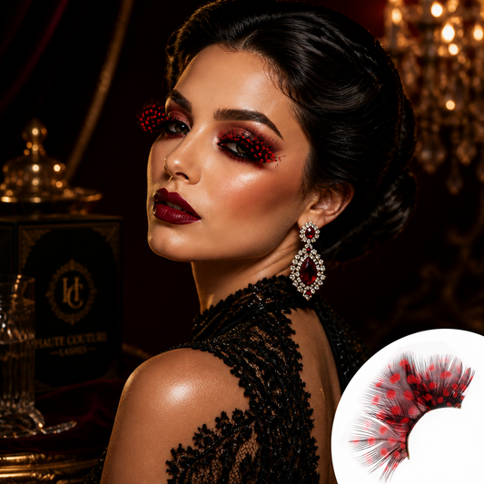 Dorisue Feather Eyelashes Red Black Dot — Gothic Pattern False Lashes for Editorial Photography, Dark Themed Events, Alternative Fashion, Cosplay, Theatrical, Reusable (Red/Black)P20