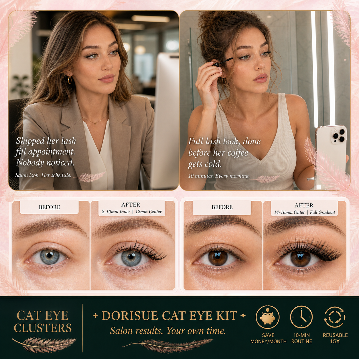 Dorisue Pre-Glued Cat Eye Lash Clusters – 5 Lengths 8–16mm Self Adhesive Individual Eyelashes No Glue Needed, Graduated Volume Professional Kit with Tweezers & Backup Glue, 100Pcs Reusable