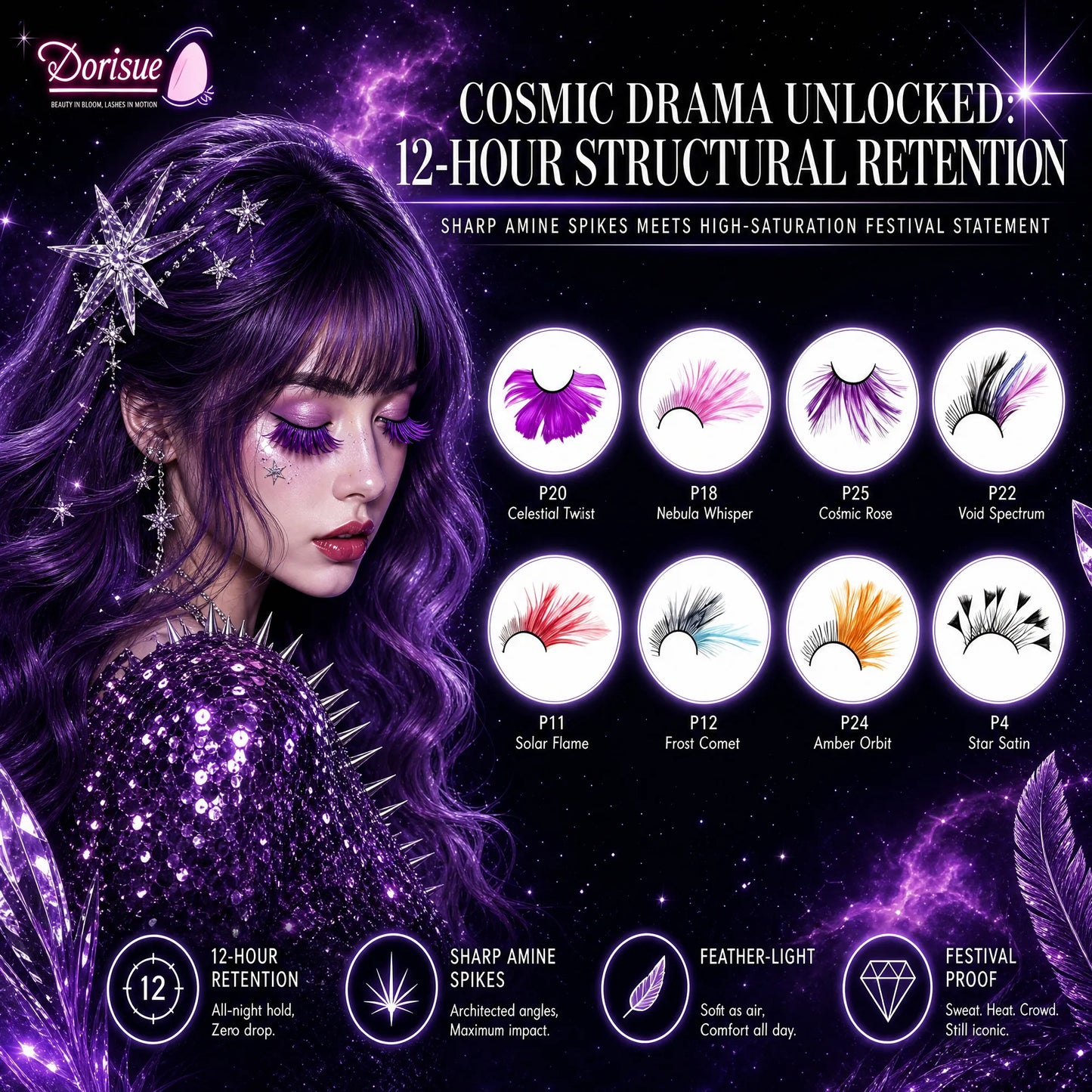 Feather Eyelashes Purple Spike — Dark Fantasy Anime Cosplay False Lashes for Gothic Lolita, Alternative Fashion, Theatrical Events, Reusable (Purple/Violet) P25