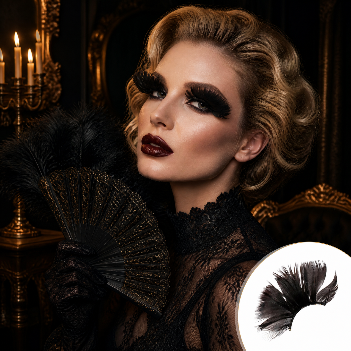Dorisue Feather Eyelashes Black — Dramatic Gothic Petal Fan False Lashes for Dark Themed Weddings, Cosplay, Burlesque, Theatrical Events, Halloween Reusable (Black) P1