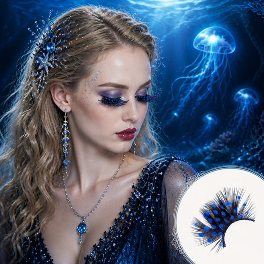 Dorisue Feather Eyelashes Deep Blue Dot — Ocean Pattern False Lashes for Festival, Mermaid Editorial, Dark Fantasy Cosplay, Alternative Events, Reusable (Deep Blue/Navy)