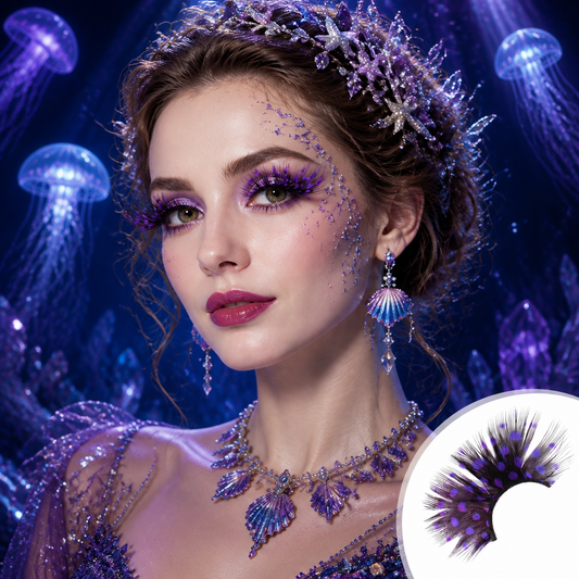 Purple Polka Dot Feather Eyelashes — Avant-Garde False Lashes for Alt Fashion, Festival Stages, Editorial