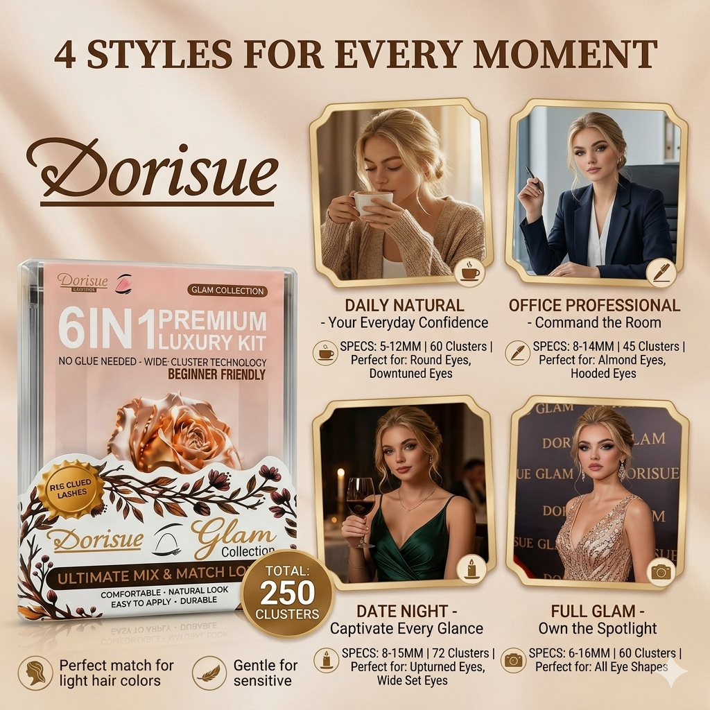 Dorisue Pre-Glued Lash Clusters Kit 250Pcs – 4 Styles Upper & Lower Lashes No Glue Needed Self Adhesive, C Curl Wispy Natural Volume with Tweezers & Backup Glue, Reusable (Old Money)