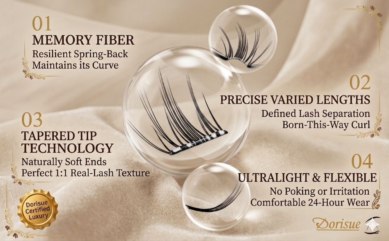 Dorisue Pre-Glued Lash Clusters Kit 250Pcs – 4 Styles Upper & Lower Lashes No Glue Needed Self Adhesive, C Curl Wispy Natural Volume with Tweezers & Backup Glue, Reusable (Old Money)