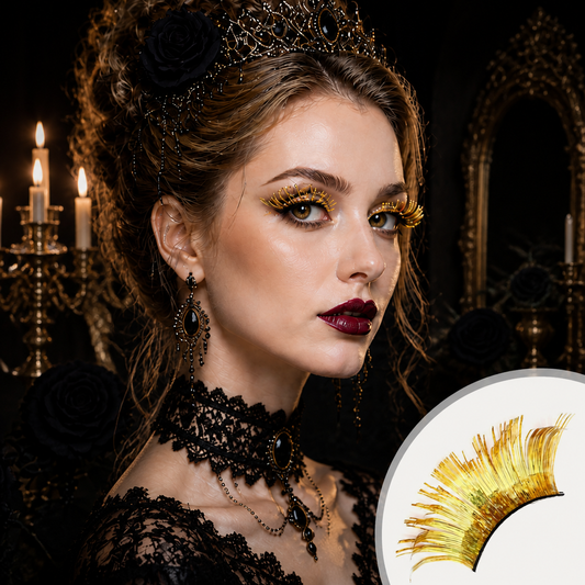 Dorisue Feather Eyelashes Gold — Dramatic Metallic Petal Fan False Lashes for NYE Gala, Stage Performance, Burlesque, Editorial Photography, Theatrical Events, Reusable (Gold)P14