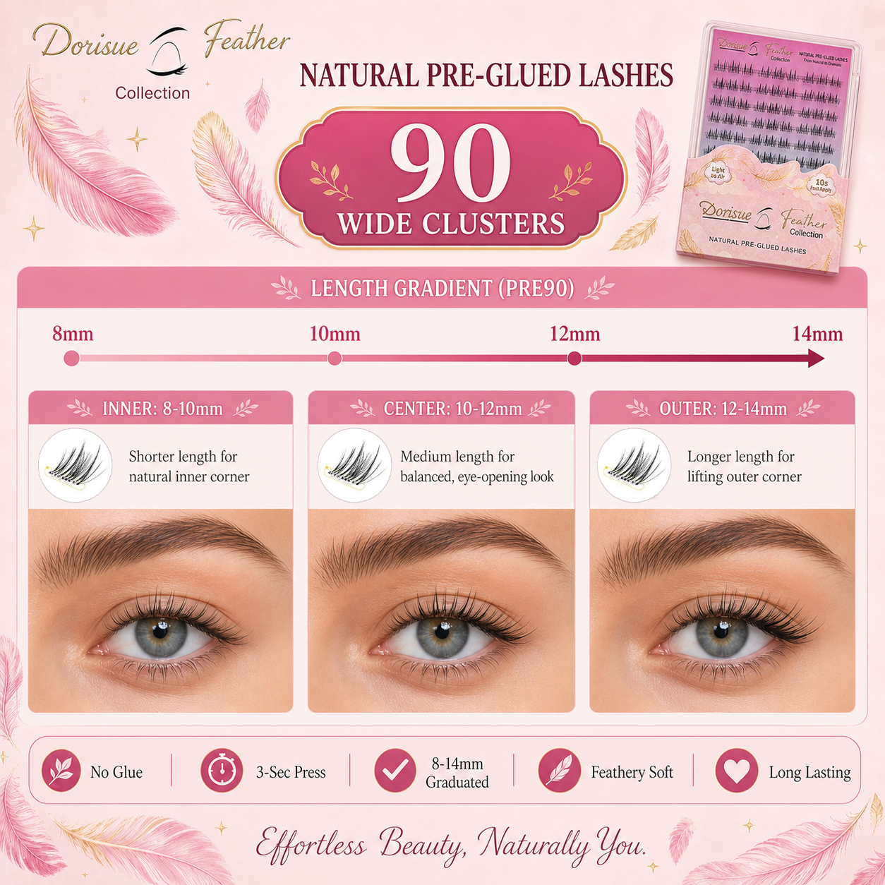 Dorisue Pre-Glued Lash Clusters – Self Adhesive Double-Point Wispy Individual Eyelashes No Glue Needed, Cat Eye Volume Kit with Tweezers & Backup Glue, 90Pcs Reusable (Sunflower)