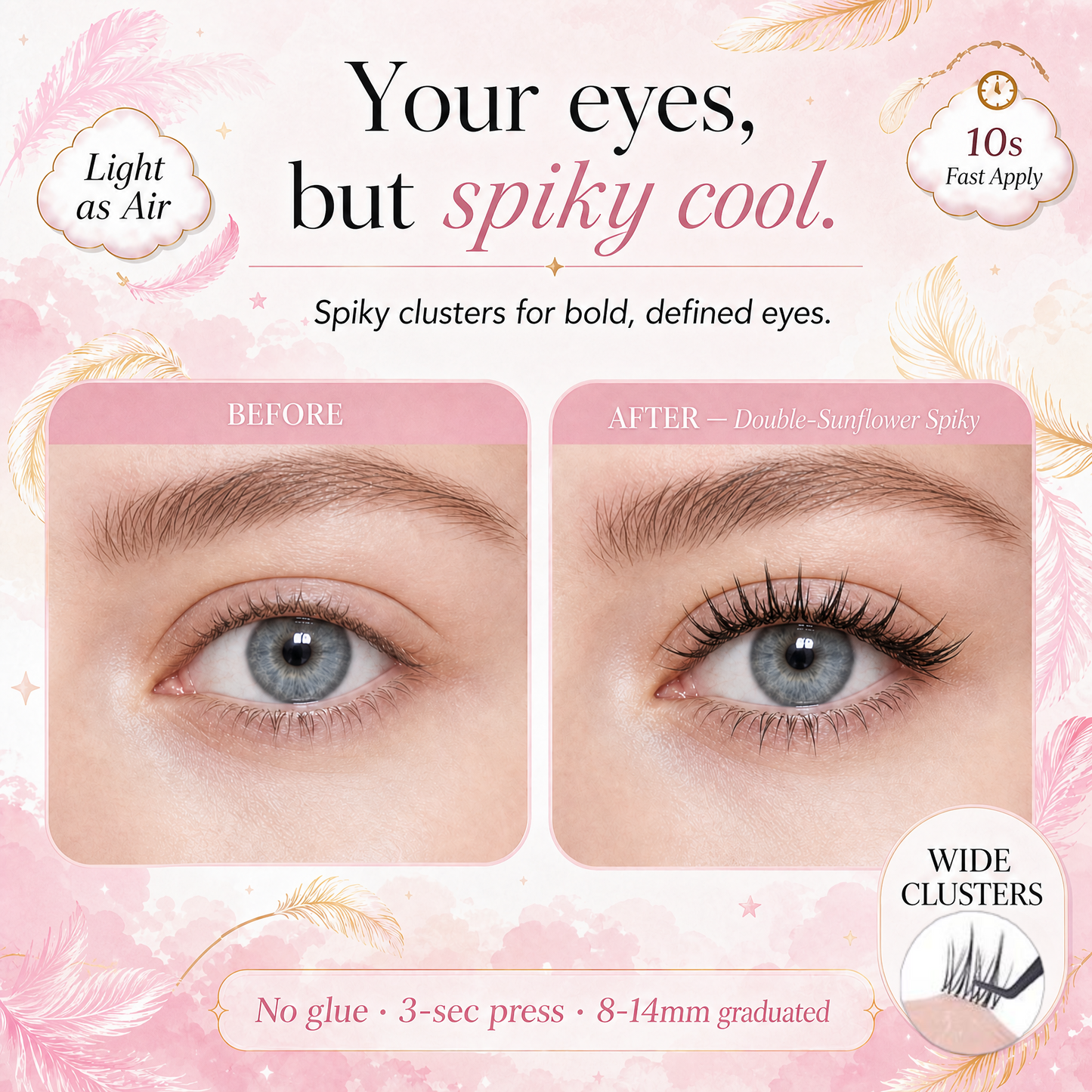 Dorisue Pre-Glued Lash Clusters – Self Adhesive Double-Point Wispy Individual Eyelashes No Glue Needed, Cat Eye Volume Kit with Tweezers & Backup Glue, 90Pcs Reusable (Sunflower)