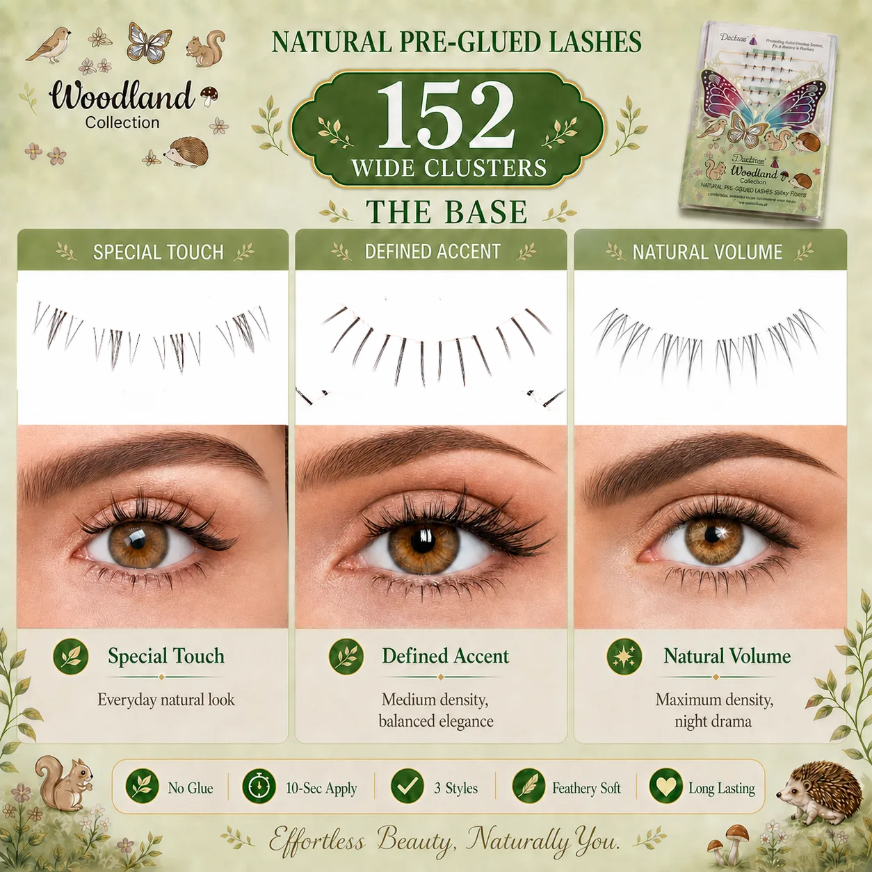 DORISUE Pre-Glued Fox Eye Lash Clusters & Bottom Lashes – –3 Style Natural Wispy No Glue Needed, 120 Pcs Wispy Lower Lash Kit for Almond Eyes, with Tweezers & Backup Glue, Reusable