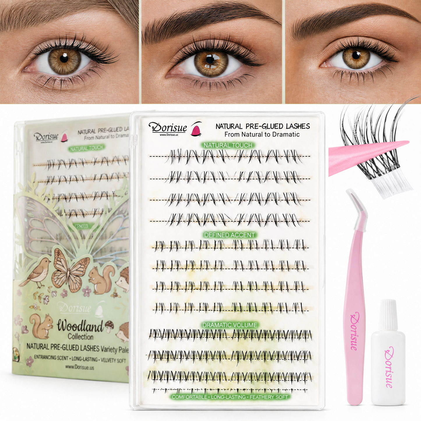DORISUE Pre-Glued Fox Eye Lash Clusters & Bottom Lashes – –3 Style Natural Wispy No Glue Needed, 120 Pcs Wispy Lower Lash Kit for Almond Eyes, with Tweezers & Backup Glue, Reusable