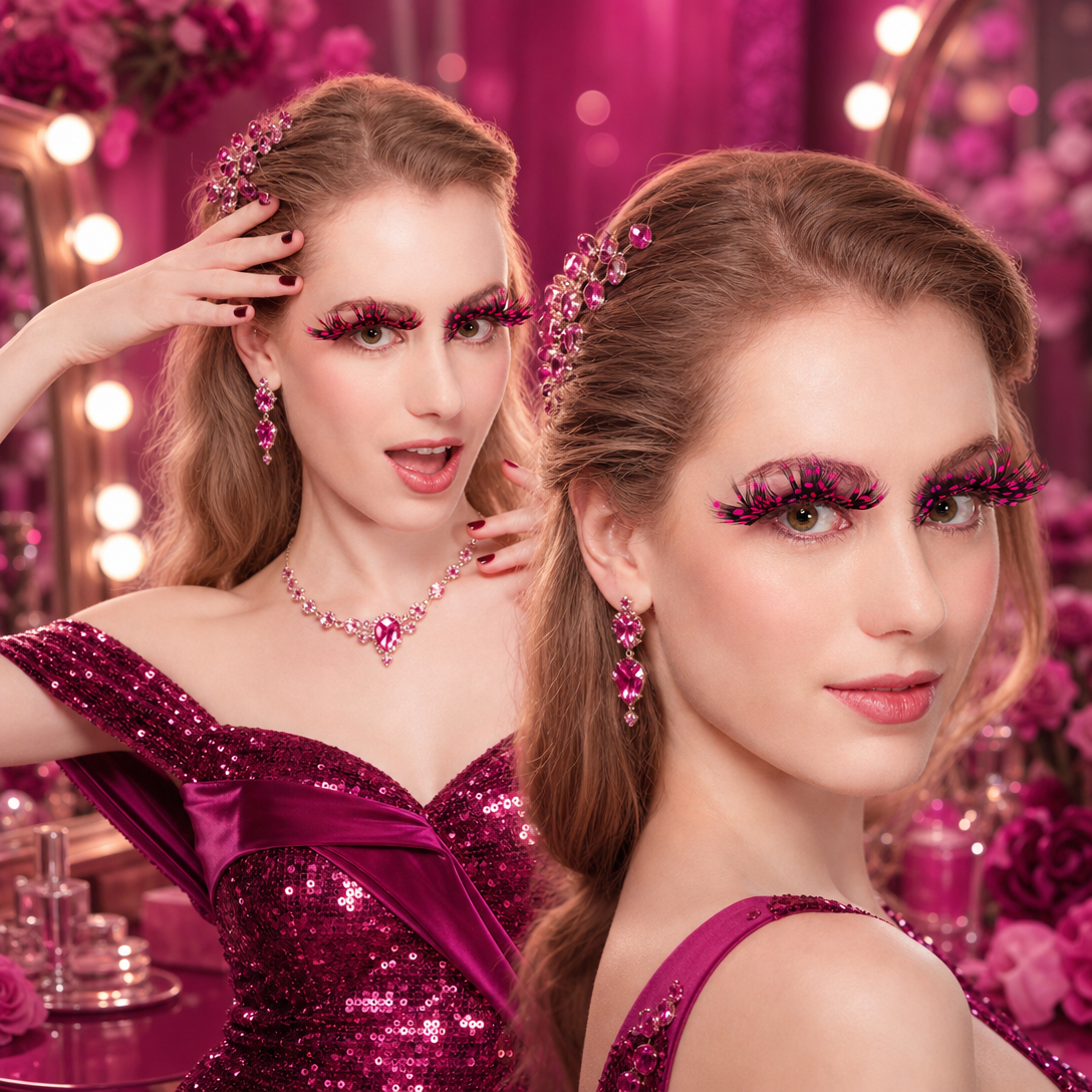 Magenta Polka Dot Feather Eyelashes — Tropical Fuchsia False Lashes for Festival, Rave, Alt Fashion Editorial