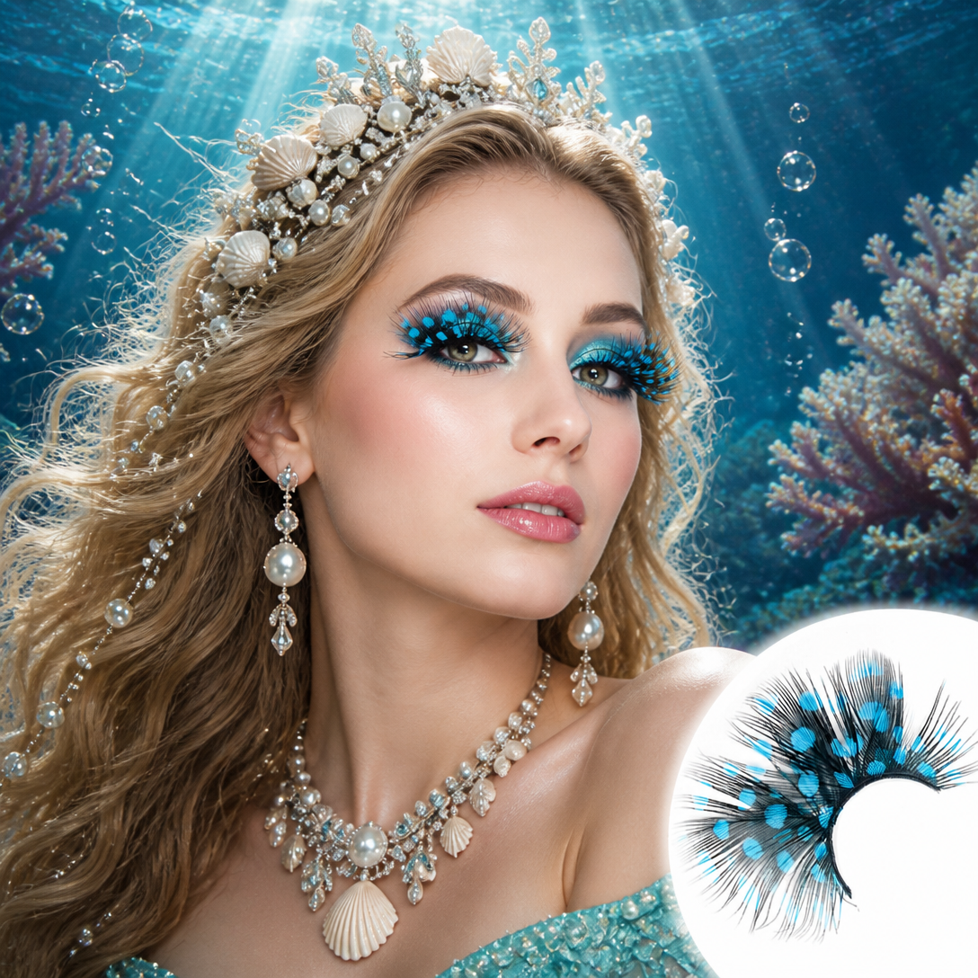 Feather Eyelashes Teal Blue Dot — Peacock Pattern False Lashes for Mermaid Cosplay, Ocean Festival, Alt Beauty Editorial, Dark Fantasy Events, Reusable (Teal/Lake Blue)