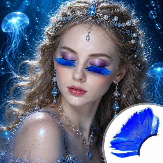 Dorisue Feather Eyelashes Blue — Mermaid Petal Fan False Lashes for Ocean Cosplay, Dark Fantasy Editorial, Festival Events, Alternative Fashion, Theatrical, Reusable (Blue)P22