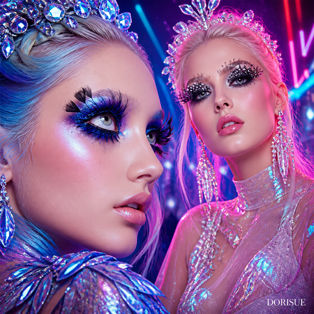 Dorisue Black White Dot Feather Eyelashes — Editorial High Fashion False Lashes for Ocean Theme, Alt Runway, Art Events