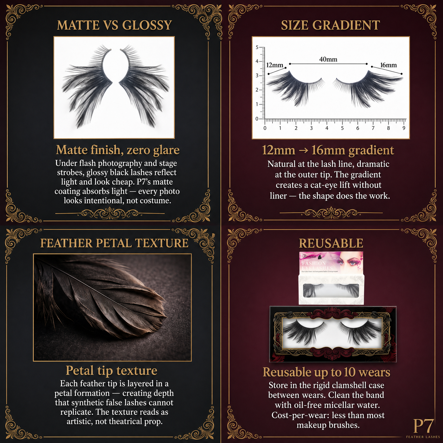Dorisue Feather Eyelashes Black Gothic Cat Eye Lashes — Goth Lashes Dark Petal Design False Lashes for Dark Themed Weddings, Cosplay, Firework Show, Festivals, Costume Events, Reusable (Black)