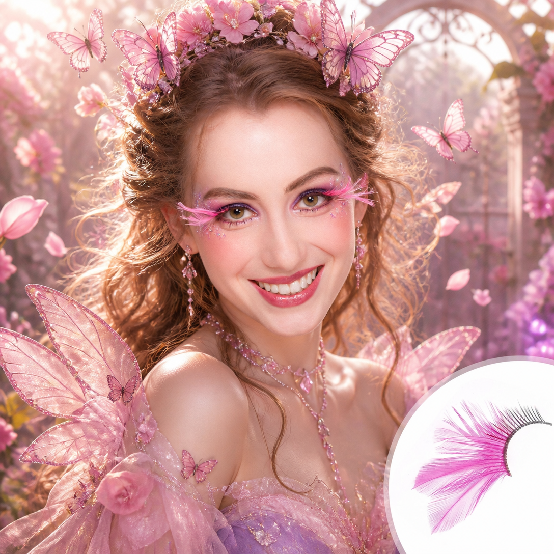 Feather Eyelashes Pink Cat Eye — Dark Feminine Gradient False Lashes for Alt Beauty, Y2K Fashion, Fashion Makeup Looks, Festival Events, Reusable (Pink)