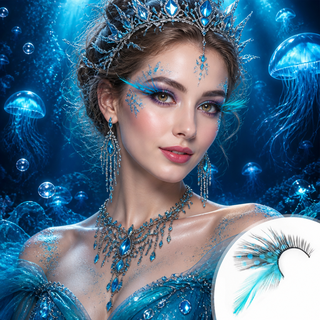 Feather Eyelashes Teal Cat Eye — Peacock Gradient False Lashes for Mermaid Cosplay, Alt Beauty Daily Wear, Ocean Themed Events, Dark Fantasy, Reusable (Teal/Ice Blue) P12