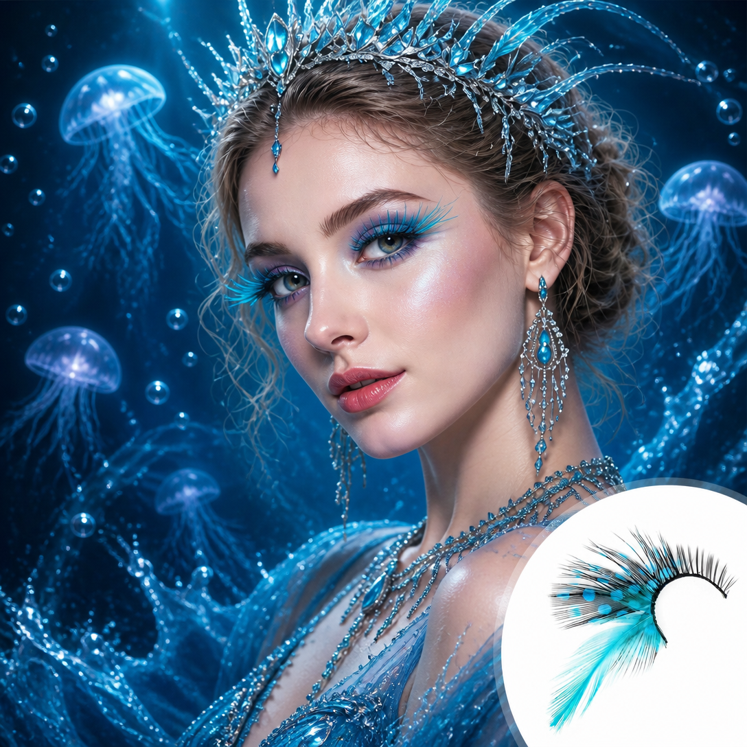Feather Eyelashes Teal Cat Eye — Peacock Gradient False Lashes for Mermaid Cosplay, Alt Beauty Daily Wear, Ocean Themed Events, Dark Fantasy, Reusable (Teal/Ice Blue) P12