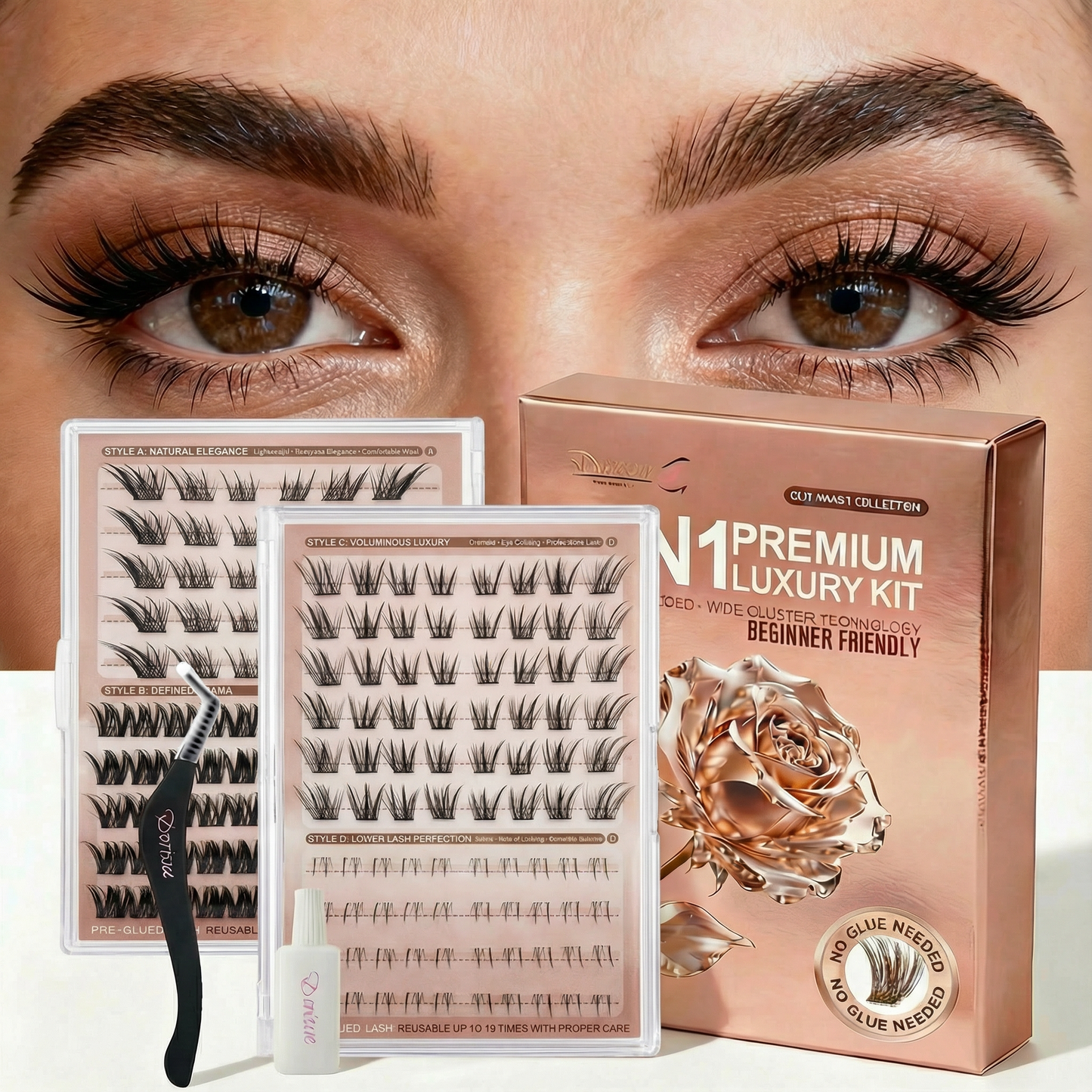 Dorisue Pre-Glued Fox Eye Lash Clusters Kit – 3 Upper & 1 Lower Style Self Adhesive Individual Eyelashes No Glue Needed, Elongating Cat Eye Volume with Tweezers & Backup Glue, 180Pcs Reusable (Fox)
