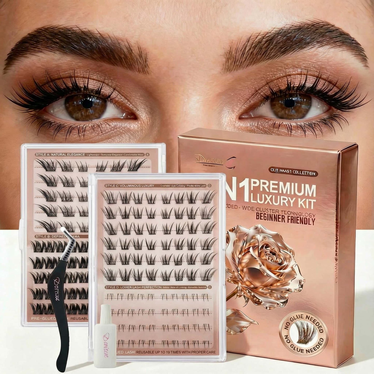 Dorisue Pre-Glued Fox Eye Lash Clusters Kit – 3 Upper & 1 Lower Style Self Adhesive Individual Eyelashes No Glue Needed, Elongating Cat Eye Volume with Tweezers & Backup Glue, 180Pcs Reusable (Fox)