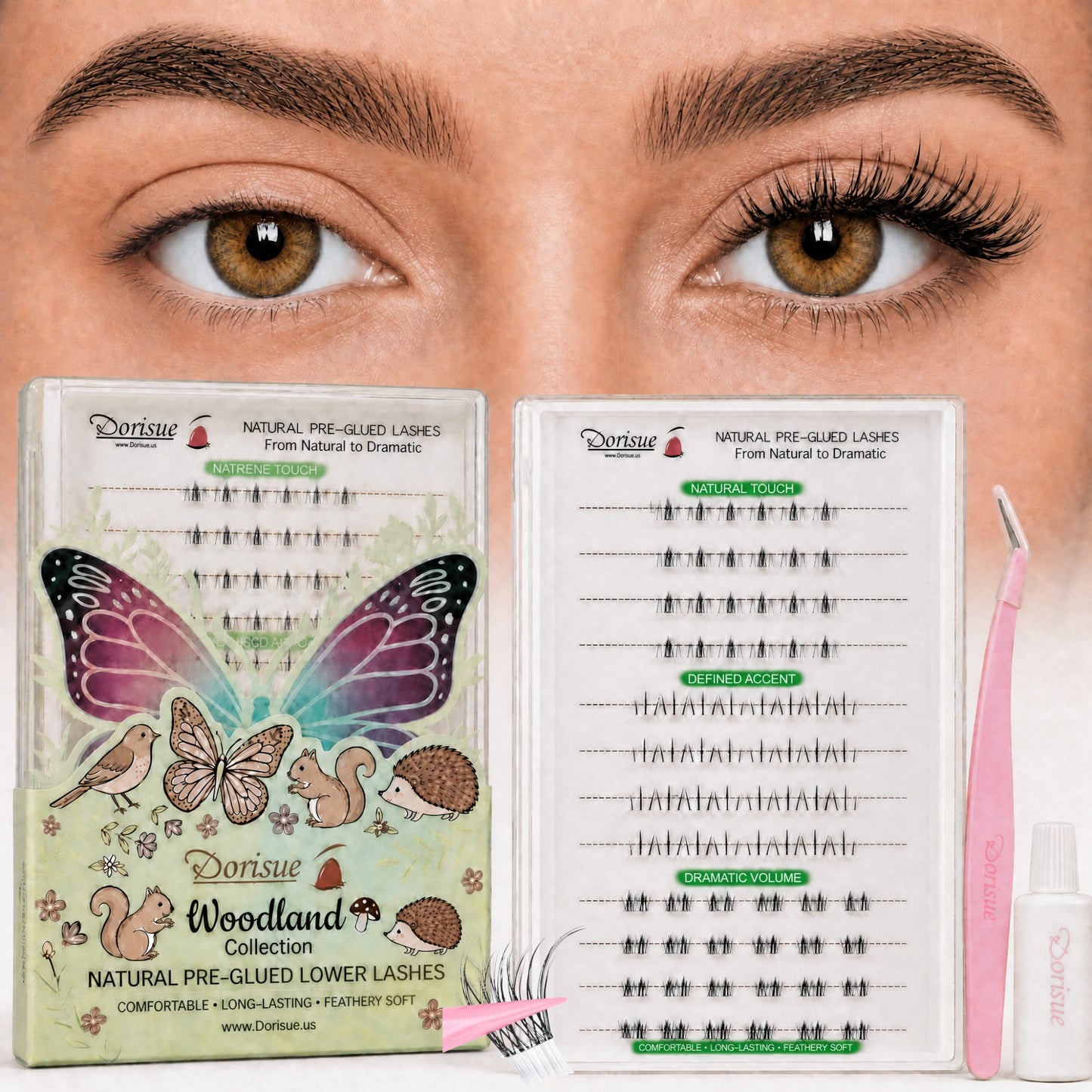 Dorisue Pre-Glued Lower Lash Clusters – 3 Style Self Adhesive Bottom Eyelashes No Glue Needed, Natural to Dramatic Under-Eye Enhancement Kit with Tweezers & Backup Glue, 152Pcs Reusable