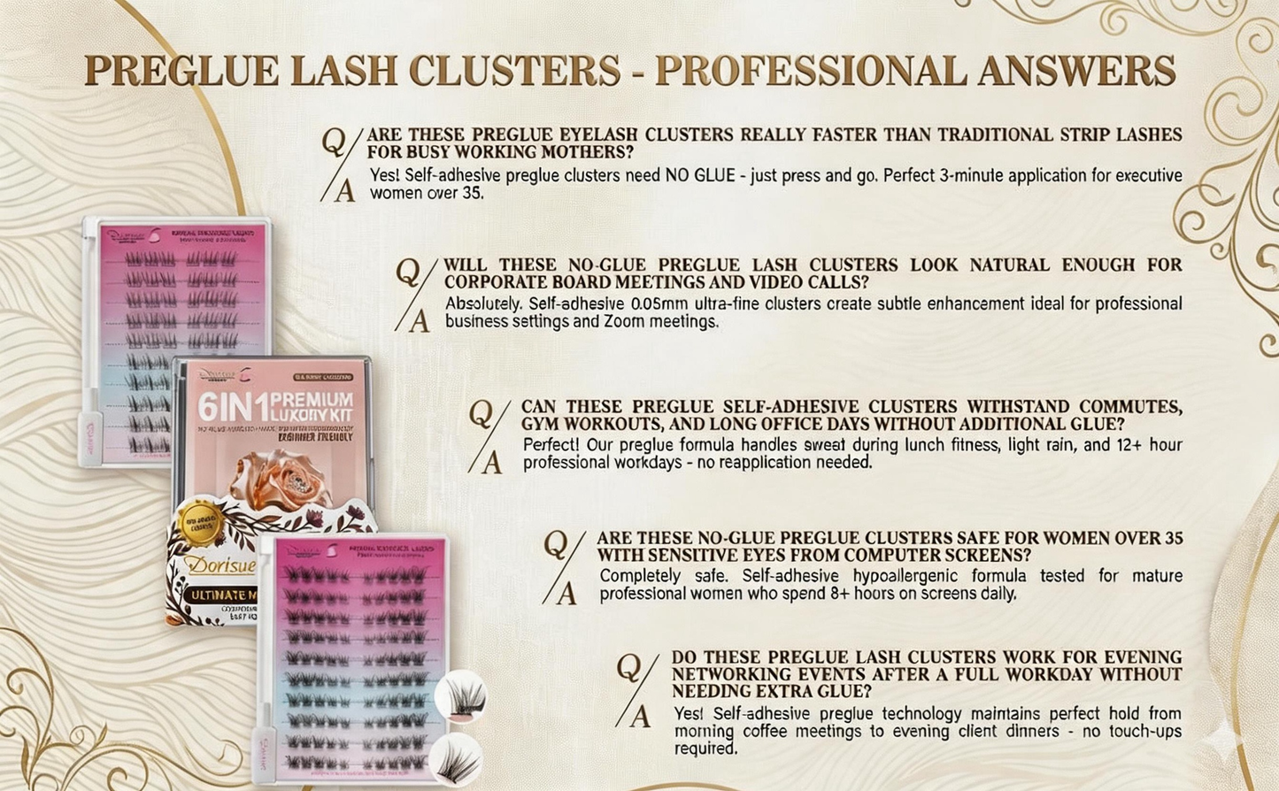 Dorisue Pre-Glued Lash Clusters Kit 250Pcs – 4 Styles Upper & Lower Lashes No Glue Needed Self Adhesive, C Curl Wispy Natural Volume with Tweezers & Backup Glue, Reusable (Old Money)