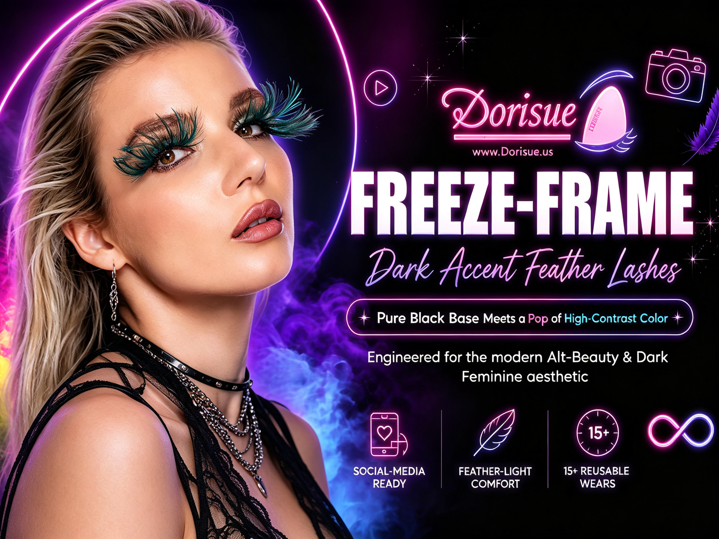 Dorisue Feather Eyelashes Green Spike — Enchanted Witch Cosplay False Lashes for Dark Fantasy, TikTok Alt Beauty, Alternative Fashion, Theatrical Events, Reusable (Green)