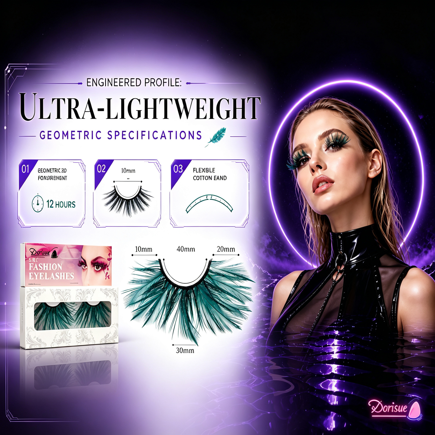 Dorisue Feather Eyelashes Green Spike — Enchanted Witch Cosplay False Lashes for Dark Fantasy, TikTok Alt Beauty, Alternative Fashion, Theatrical Events, Reusable (Green)
