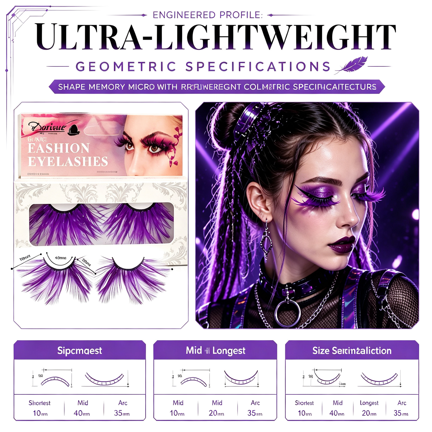 Feather Eyelashes Purple Spike — Dark Fantasy Anime Cosplay False Lashes for Gothic Lolita, Alternative Fashion, Theatrical Events, Reusable (Purple/Violet) P25