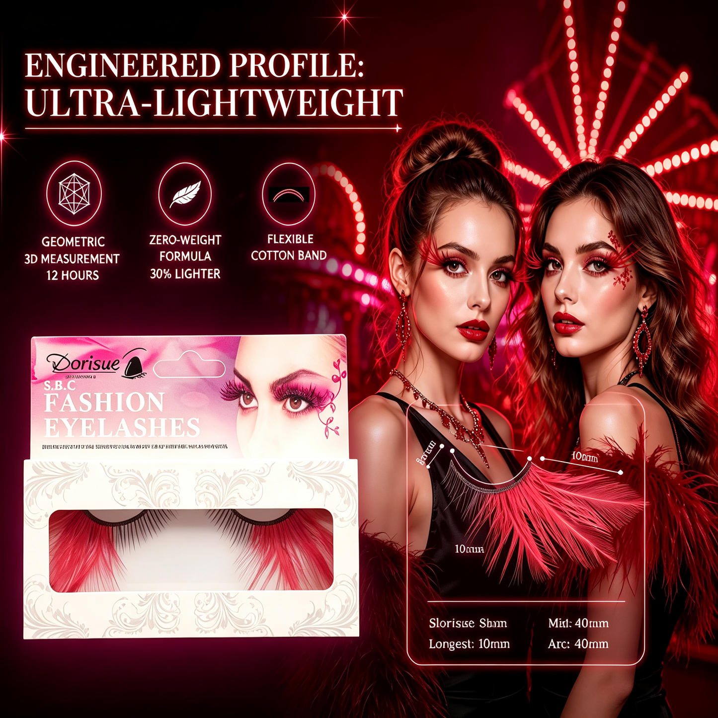 Feather Eyelashes Red Cat Eye — Scarlet Gradient False Lashes for Gothic Events, Vampire Cosplay, Dark Themed Weddings, Alternative Fashion, Theatrical, Reusable (Red)