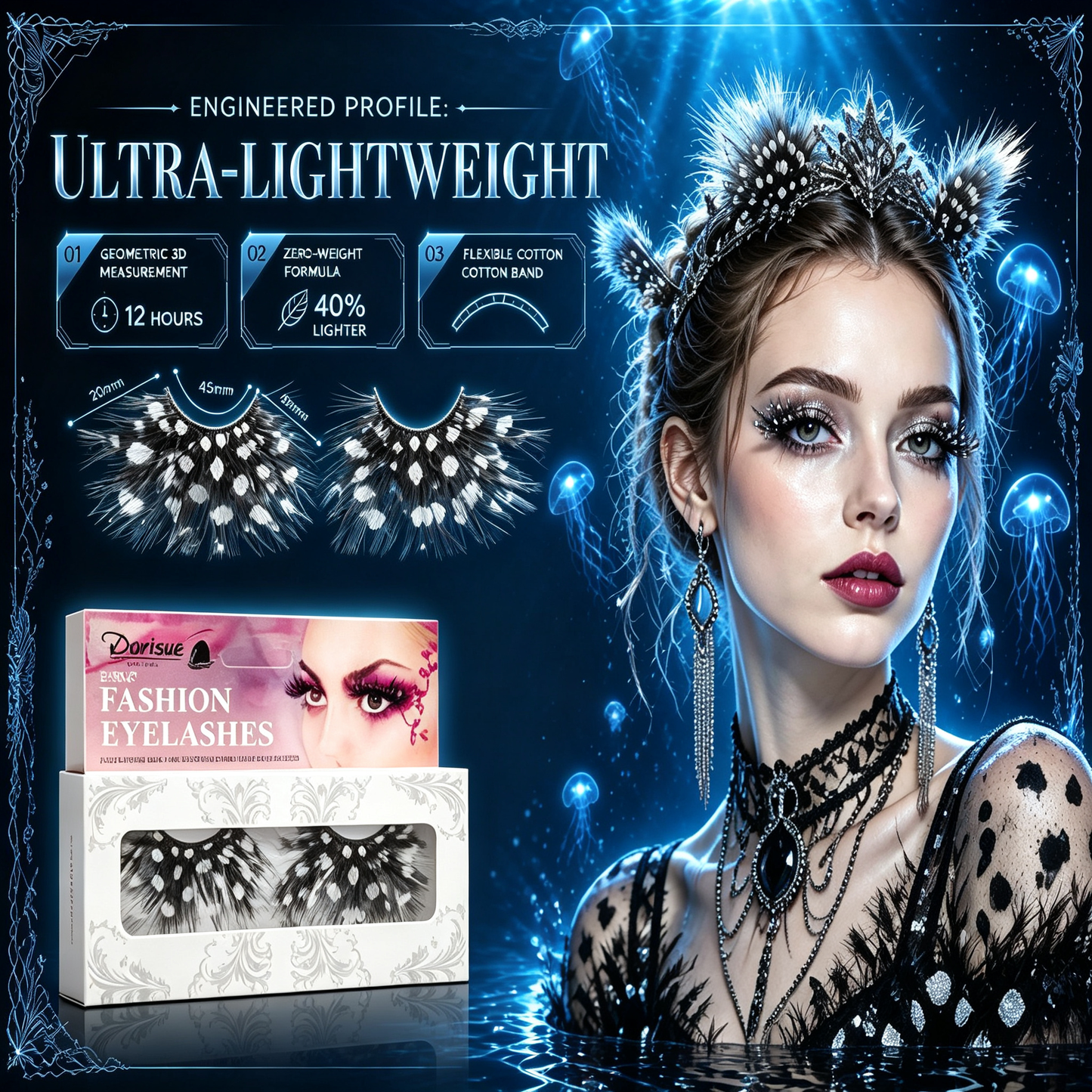 Dorisue Black White Dot Feather Eyelashes — Editorial High Fashion False Lashes for Ocean Theme, Alt Runway, Art Events