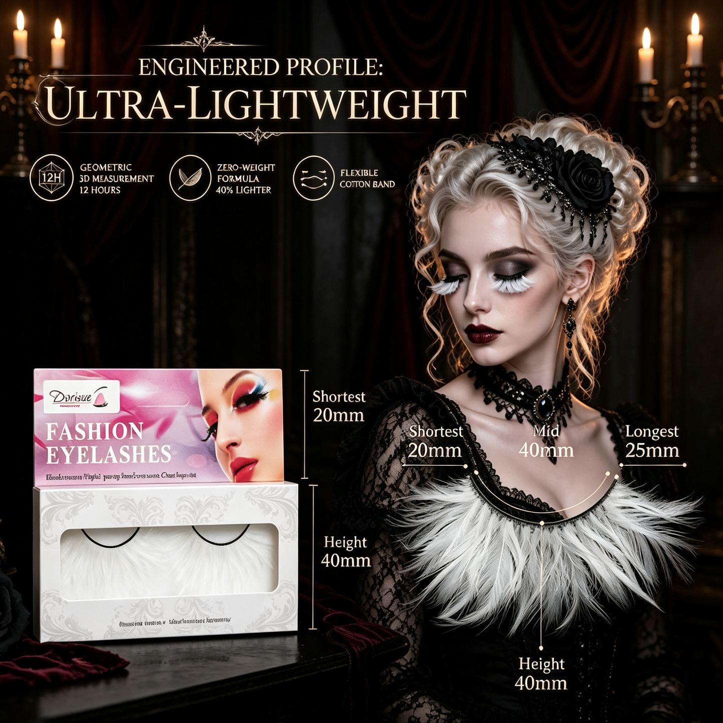 Dorisue Feather Eyelashes White — Ethereal Petal Fan False Lashes for Dark Bridal, Ice Cosplay, Mermaid Editorial, Snow Queen Fantasy Events, Theatrical, Reusable (White/Ivory) P21
