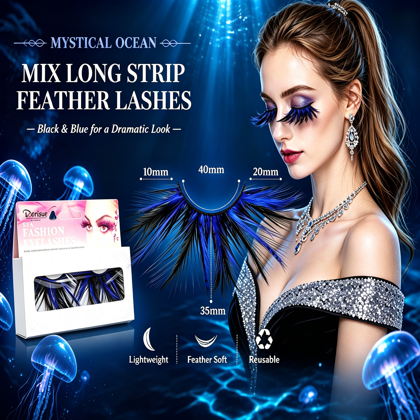 Dorisue Dorisue Feather Eyelashes Blue Spike — Dark Rave EDM False Lashes for Festival, Ocean Cosplay, Alternative Fashion, Theatrical Events, Reusable (Blue/Black) P23