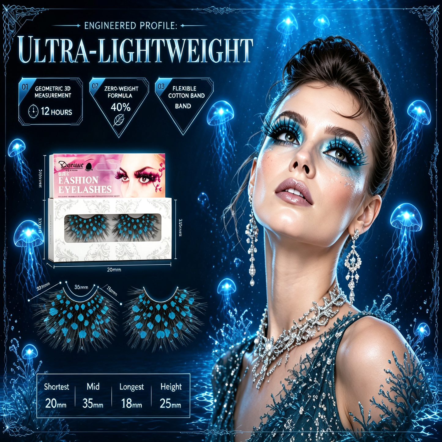 Feather Eyelashes Teal Blue Dot — Peacock Pattern False Lashes for Mermaid Cosplay, Ocean Festival, Alt Beauty Editorial, Dark Fantasy Events, Reusable (Teal/Lake Blue)