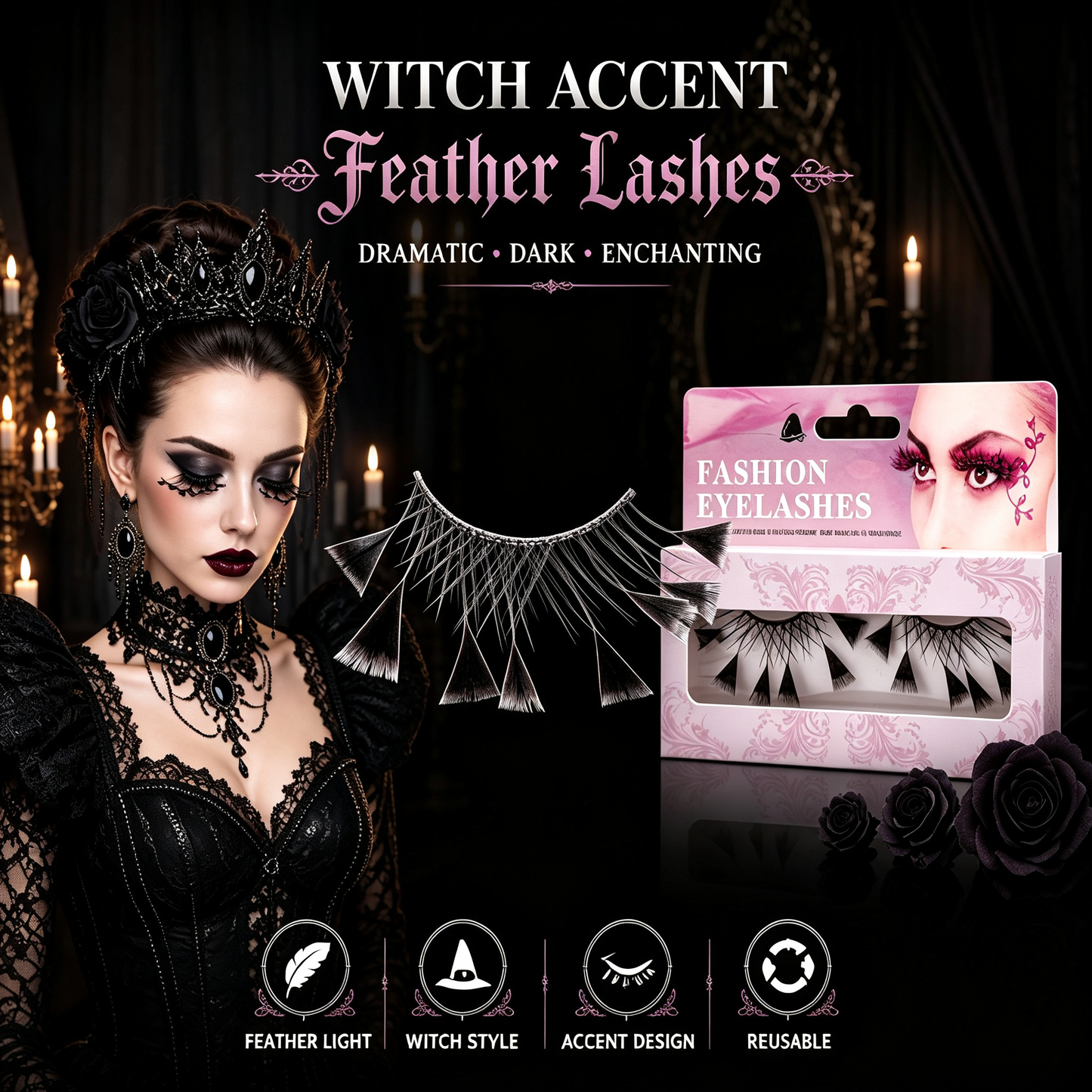 Dorisue Midnight Lace Feather Eyelashes — Geometric Dark Web Design False Lashes for Gothic Events, Cosplay, Theatrical Performance, Alternative Fashion, Reusable (Black)