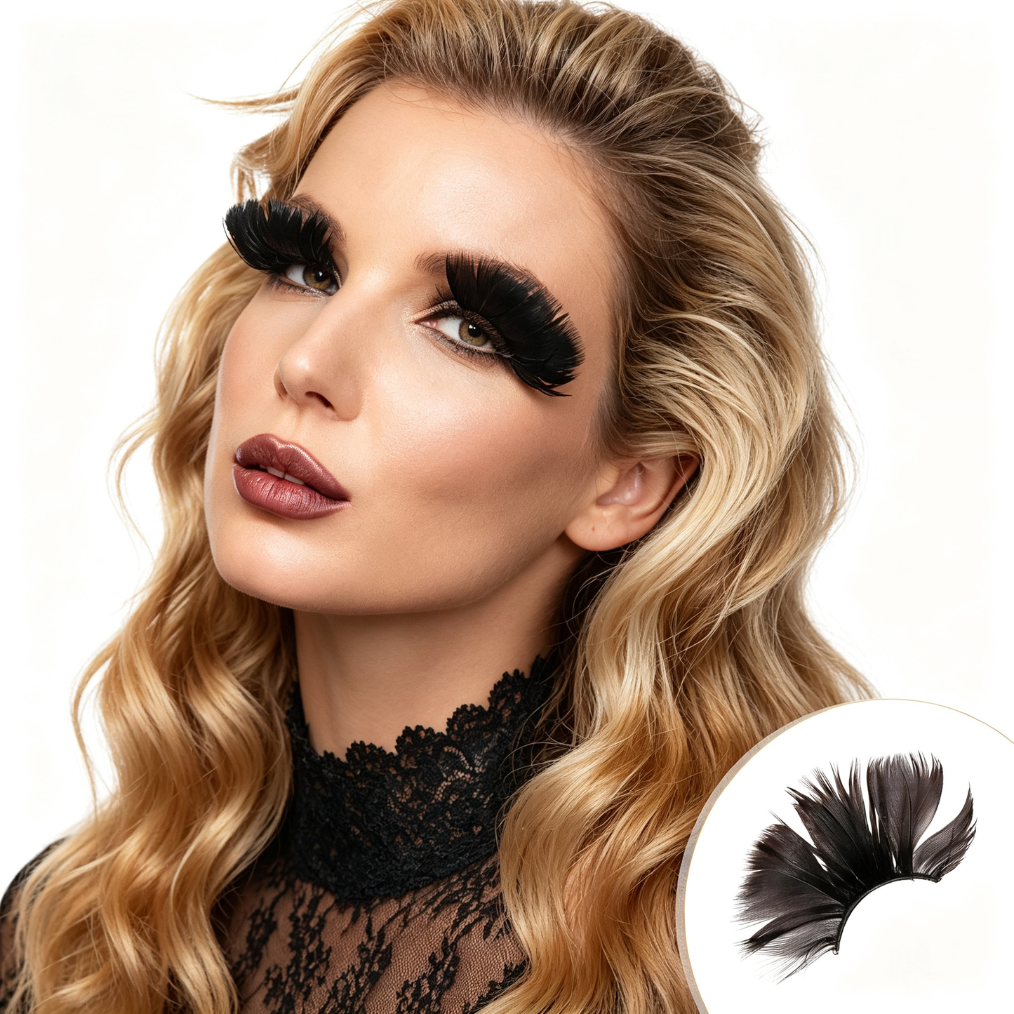 Dorisue Feather Eyelashes Black — Dramatic Gothic Petal Fan False Lashes for Dark Themed Weddings, Cosplay, Burlesque, Theatrical Events, Halloween Reusable (Black) P1