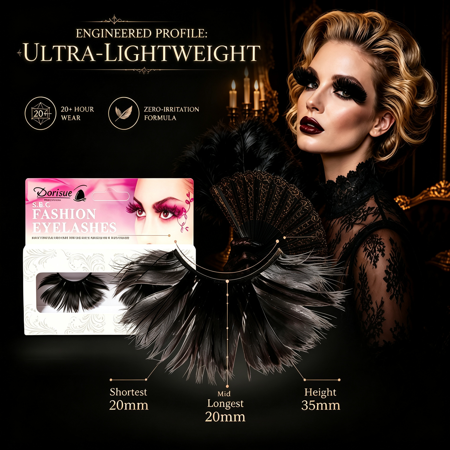 Dorisue Feather Eyelashes Black — Dramatic Gothic Petal Fan False Lashes for Dark Themed Weddings, Cosplay, Burlesque, Theatrical Events, Halloween Reusable (Black) P1