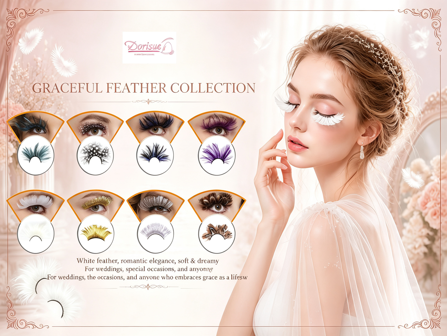 Dorisue Feather Eyelashes White Spike —White Feather Eyelashes | Classic Stage Ballet Performance Fluffy Lash for Snow Queen Cosplay, Anime Characters, Ice Themed Events, Theatrical, Reusable (White/Ivory) P17