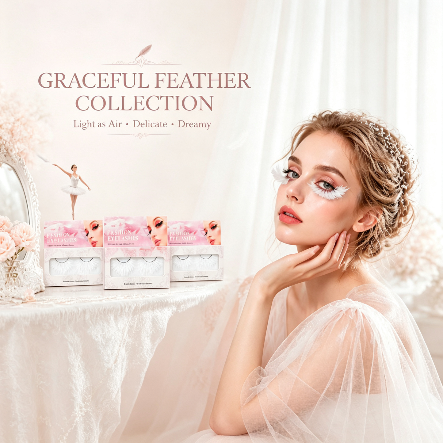 Dorisue Feather Eyelashes White Spike —White Feather Eyelashes | Classic Stage Ballet Performance Fluffy Lash for Snow Queen Cosplay, Anime Characters, Ice Themed Events, Theatrical, Reusable (White/Ivory) P17