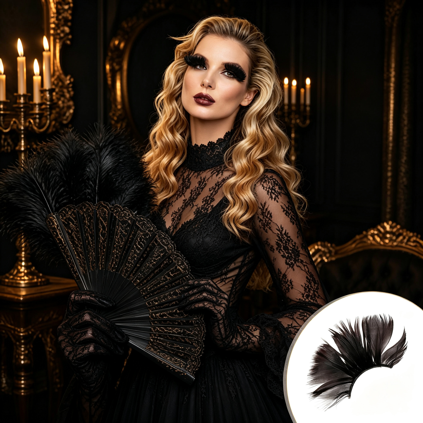 Dorisue Feather Eyelashes Black — Dramatic Gothic Petal Fan False Lashes for Dark Themed Weddings, Cosplay, Burlesque, Theatrical Events, Halloween Reusable (Black) P1