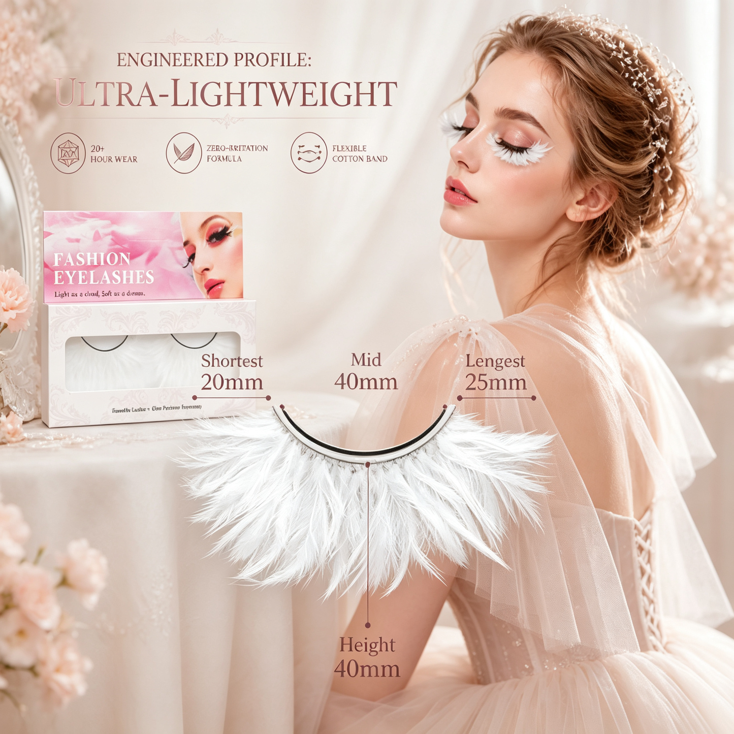 Dorisue Feather Eyelashes White Spike —White Feather Eyelashes | Classic Stage Ballet Performance Fluffy Lash for Snow Queen Cosplay, Anime Characters, Ice Themed Events, Theatrical, Reusable (White/Ivory) P17