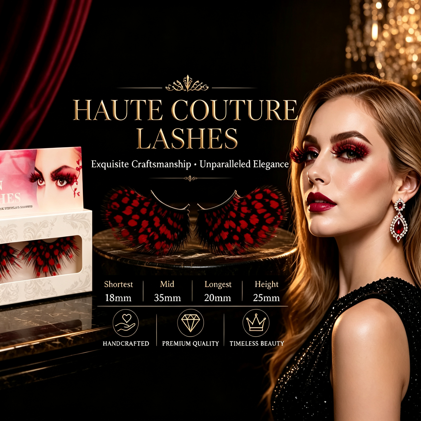 Dorisue Feather Eyelashes Red Black Dot — Gothic Pattern False Lashes for Editorial Photography, Dark Themed Events, Alternative Fashion, Cosplay, Theatrical, Reusable (Red/Black)P20