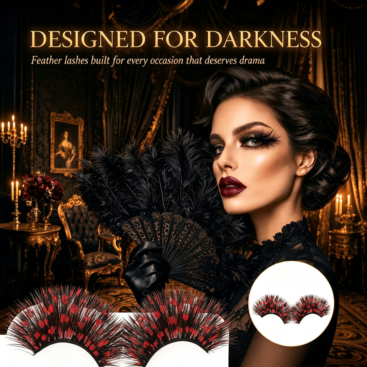Dorisue Feather Eyelashes Red Black Dot — Gothic Pattern False Lashes for Editorial Photography, Dark Themed Events, Alternative Fashion, Cosplay, Theatrical, Reusable (Red/Black)P20