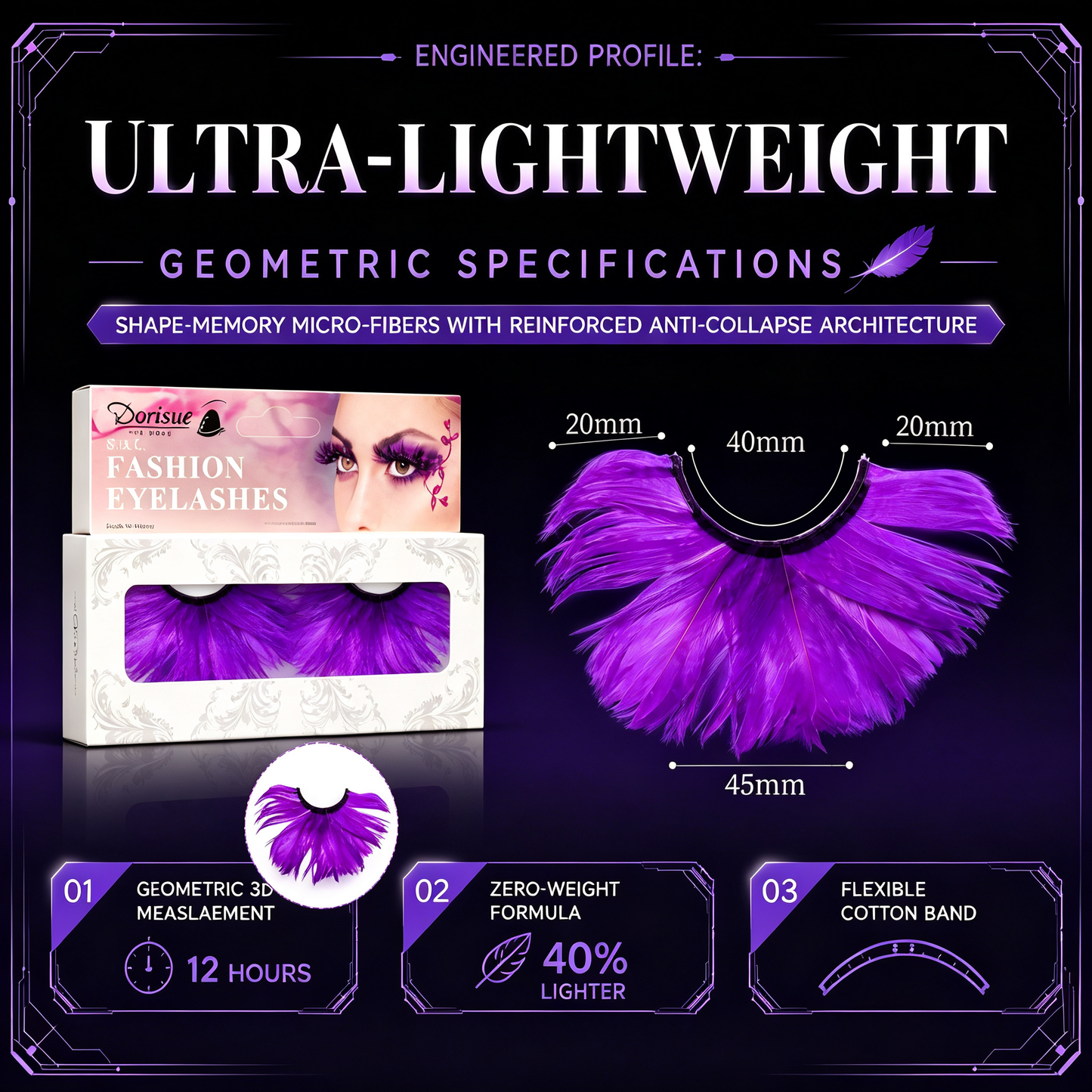 Feather Eyelashes Purple — Magical Dark Petal Fan False Lashes for Gothic Lolita Cosplay, Dark Fantasy Events, Magical Girl, Alternative Fashion, Theatrical, Reusable (Purple)