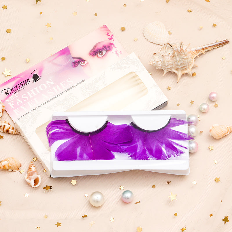Dorisue Feathered EyelashesLight Purple for Christmas Party Cosplay Costume Dramatic Feather False Eyelashes Long Party Use 3D Fake Eye Lashes Handmade