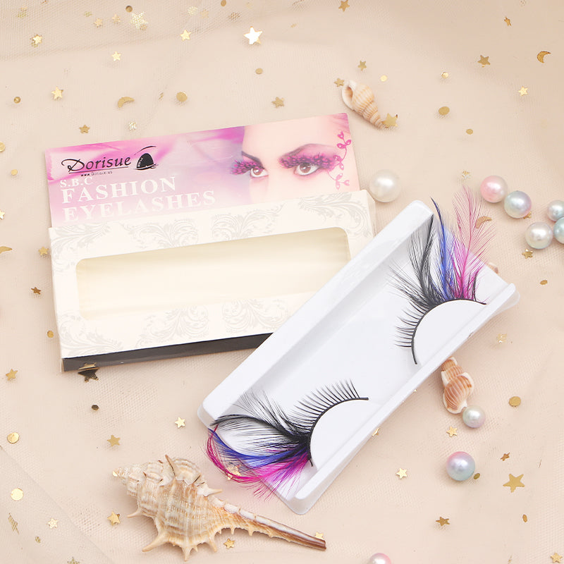 P4 One Pair Red Blue Feathered Eyelashes Coloured Rainbow show False Eyelash