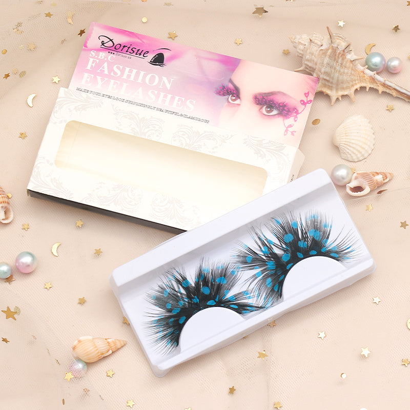 Dorisue Black WIth Blue Peacock Feather Lashes Extra extension Halloween Sexy Blue Feather Tip False Eyelashes Dance Halloween Colorful Costume p15