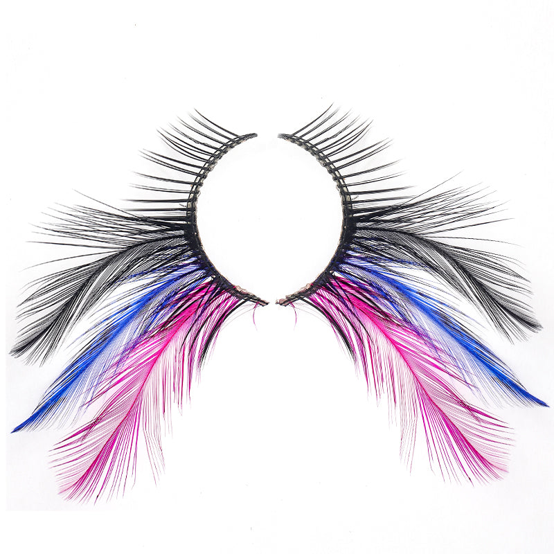 P4 One Pair Red Blue Feathered Eyelashes Coloured Rainbow show False Eyelash