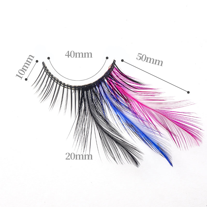 P4 One Pair Red Blue Feathered Eyelashes Coloured Rainbow show False Eyelash