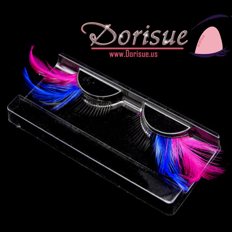 P4 One Pair Red Blue Feathered Eyelashes Coloured Rainbow show False Eyelash