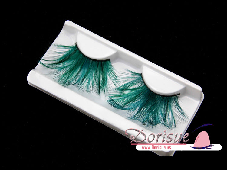 Double Lip Black WIth Green one pair Feather eyelashes Extra extension Halloween Green Feather Tip False Eyelashes Dance Halloween Costume